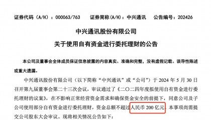 中兴通讯豪掷200亿理财，2023年营收增速1%创近五年最低